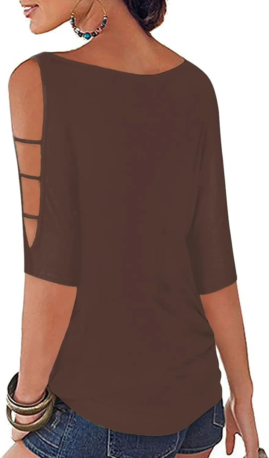 Womens Summer Cold Shoulder Tops 3/4 Sleeve T Shirts Pullover Casual Dolman Blouses