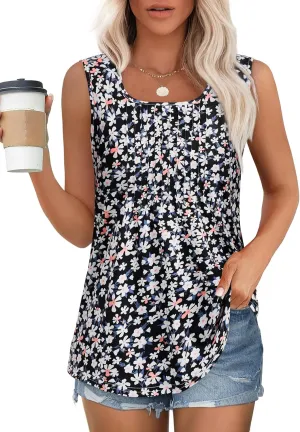 Women's Summer Tank Tops Square Neck Dressy Casual Sleeveless Blouses Plus Scooped Neck Pleated Work Shirts