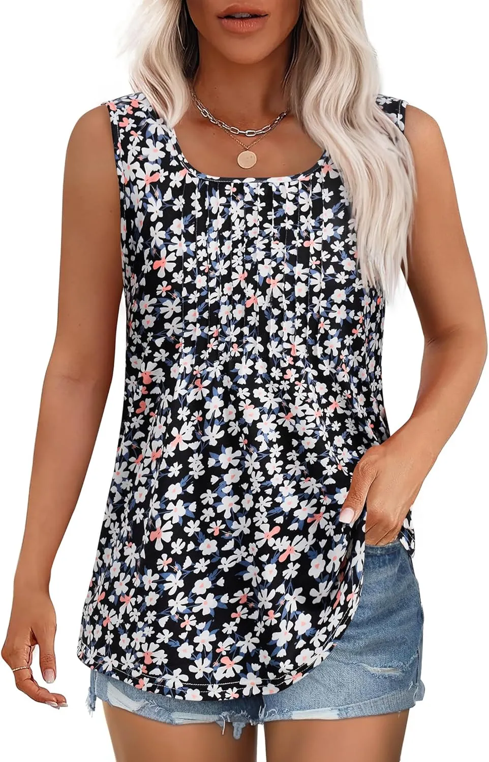 Women's Summer Tank Tops Square Neck Dressy Casual Sleeveless Blouses Plus Scooped Neck Pleated Work Shirts