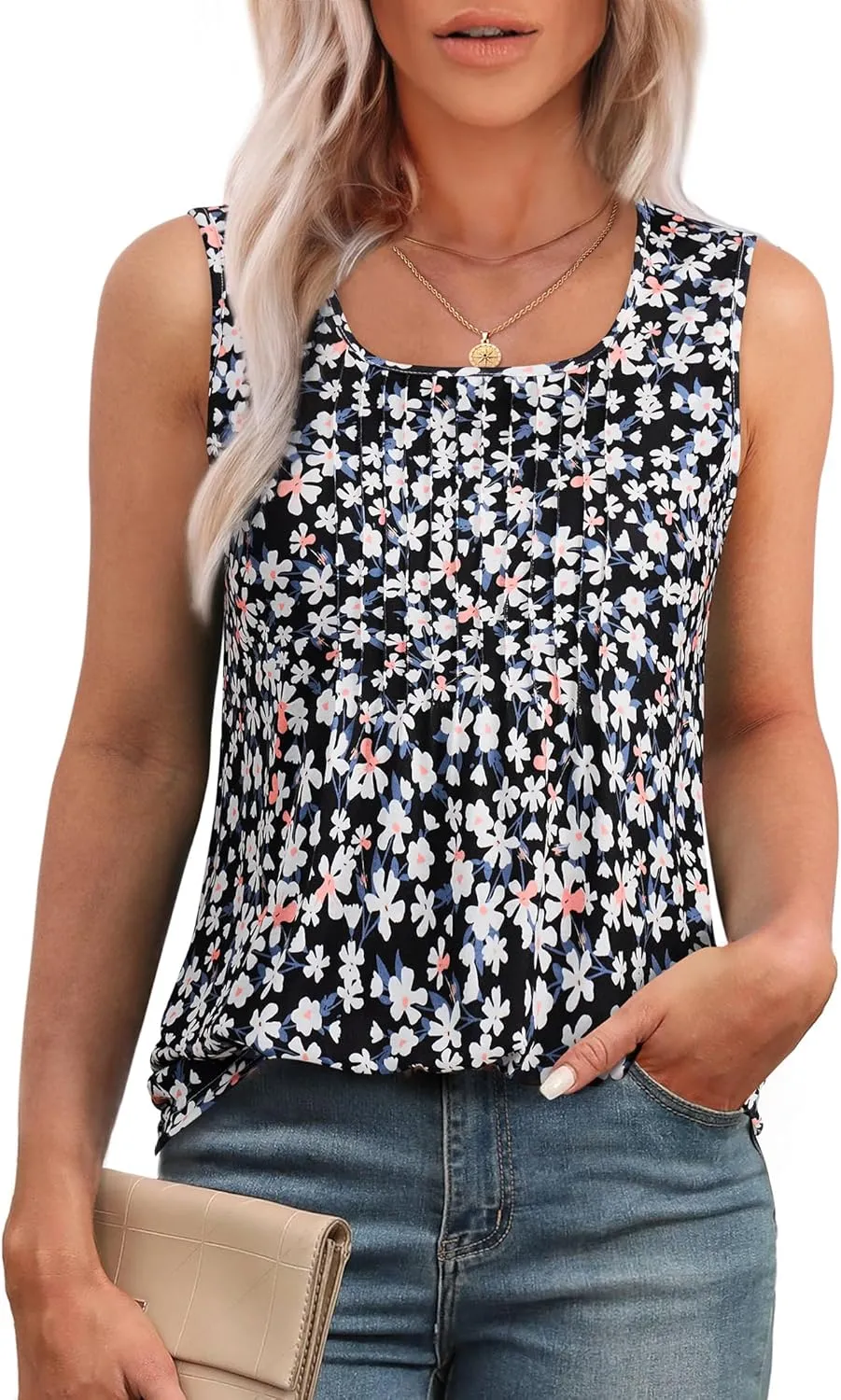 Women's Summer Tank Tops Square Neck Dressy Casual Sleeveless Blouses Plus Scooped Neck Pleated Work Shirts