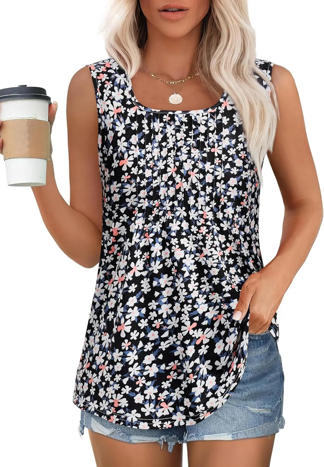 Women's Summer Tank Tops Square Neck Dressy Casual Sleeveless Blouses Plus Scooped Neck Pleated Work Shirts