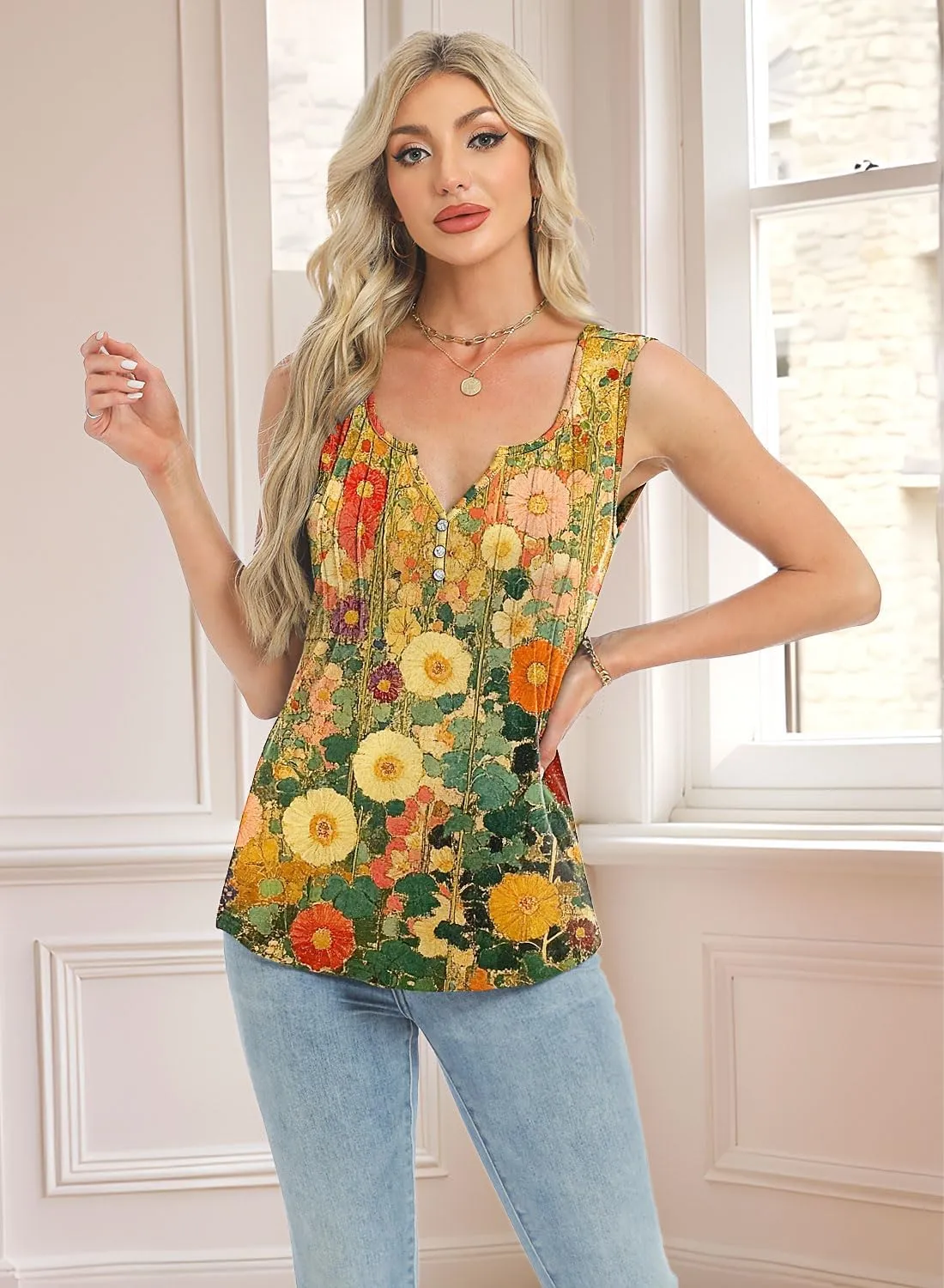 Womens Summer Tank Tops V Neck Sleeveless Buttons Pleated Casual Shirts Dressy Loose Fit Tshirts Blouses