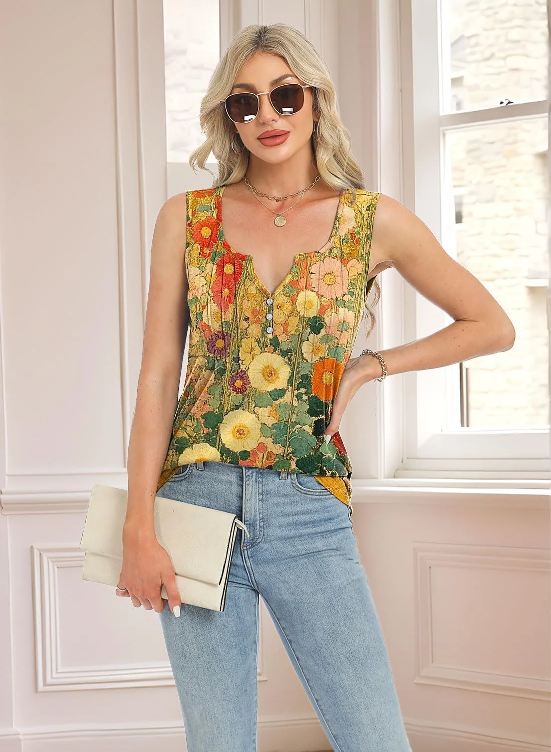 Womens Summer Tank Tops V Neck Sleeveless Buttons Pleated Casual Shirts Dressy Loose Fit Tshirts Blouses