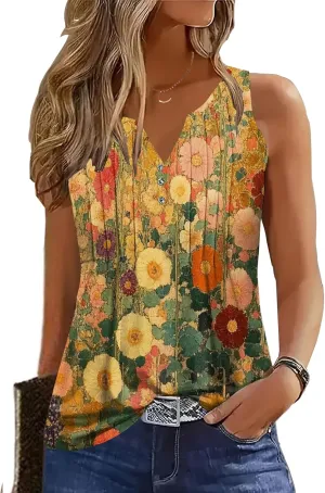Womens Summer Tank Tops V Neck Sleeveless Buttons Pleated Casual Shirts Dressy Loose Fit Tshirts Blouses