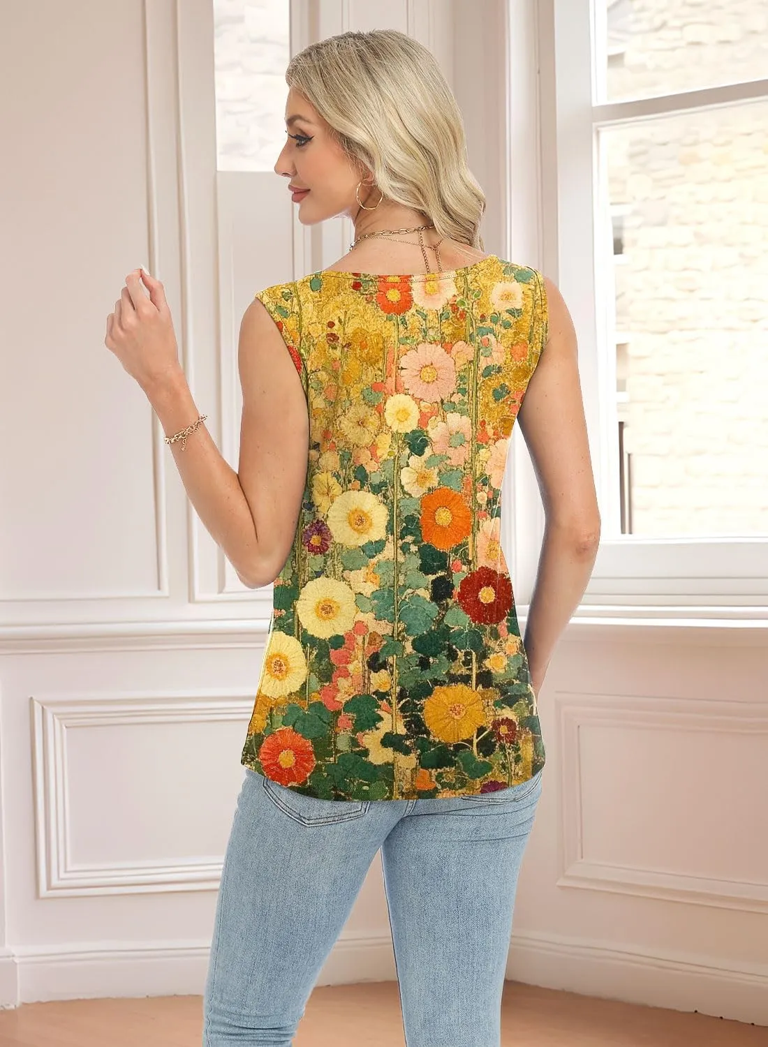 Womens Summer Tank Tops V Neck Sleeveless Buttons Pleated Casual Shirts Dressy Loose Fit Tshirts Blouses