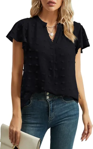 Womens Summer Tops Casual V Neck T Shirts Ruffle Short Sleeve Blouses Dressy Loose Fit Tunic