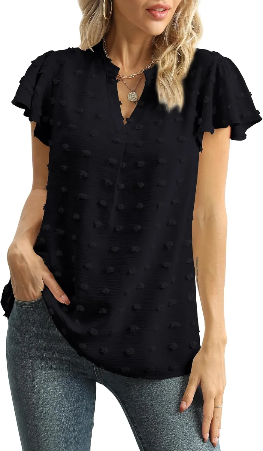 Womens Summer Tops Casual V Neck T Shirts Ruffle Short Sleeve Blouses Dressy Loose Fit Tunic