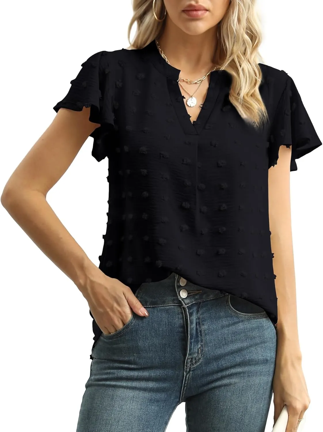 Womens Summer Tops Casual V Neck T Shirts Ruffle Short Sleeve Blouses Dressy Loose Fit Tunic