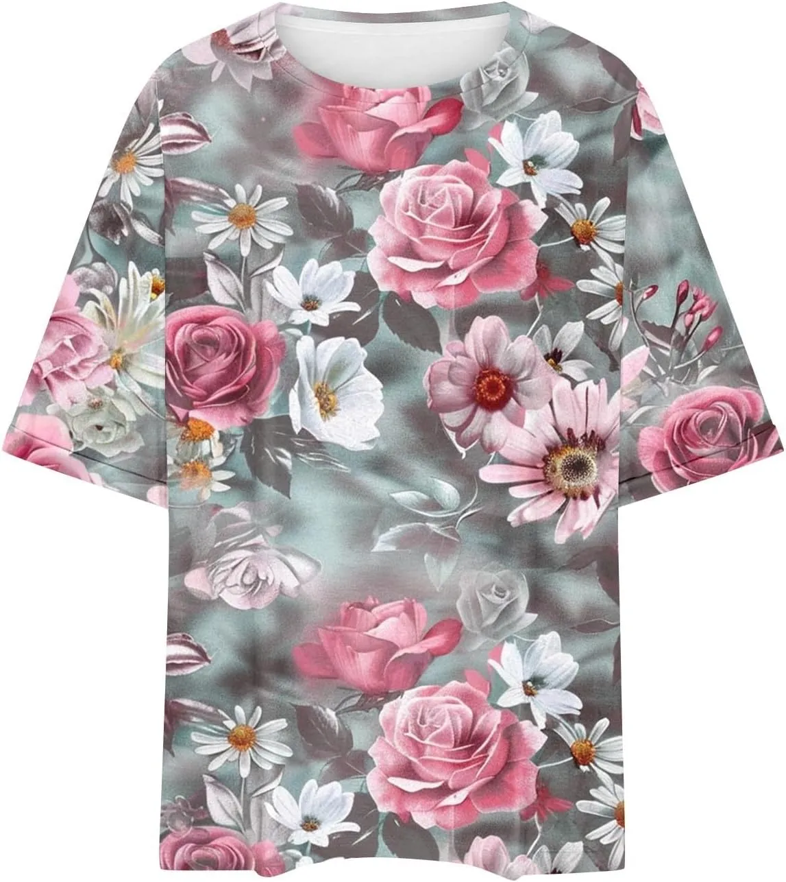 Womens Summer Tops Striped Floral Boho Crewneck Short Sleeve Blouses Trendy Loose Casual Oversized Tshirts for Women