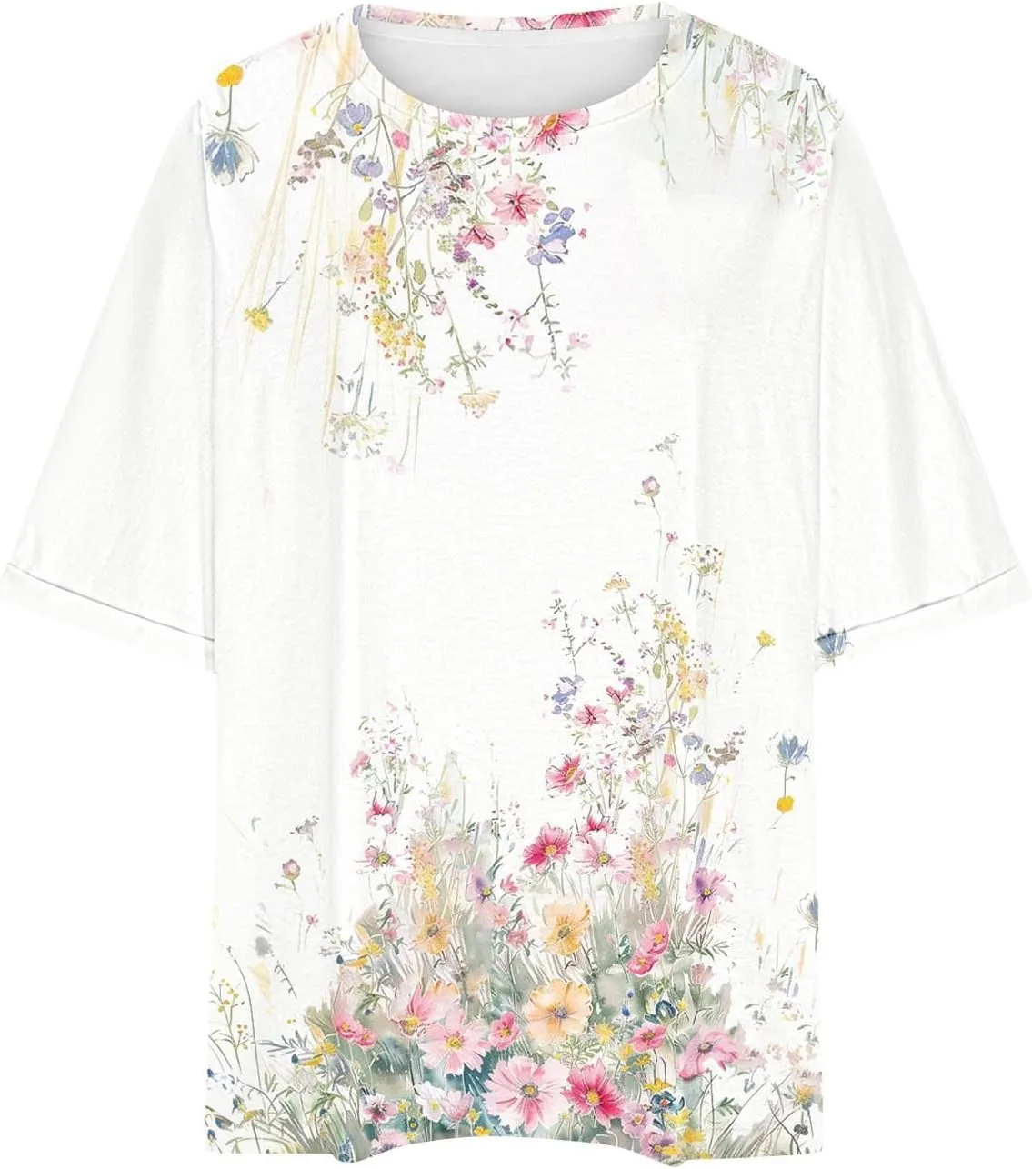 Womens Summer Tops Striped Floral Boho Crewneck Short Sleeve Blouses Trendy Loose Casual Oversized Tshirts for Women