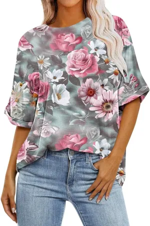 Womens Summer Tops Striped Floral Boho Crewneck Short Sleeve Blouses Trendy Loose Casual Oversized Tshirts for Women