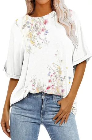 Womens Summer Tops Striped Floral Boho Crewneck Short Sleeve Blouses Trendy Loose Casual Oversized Tshirts for Women