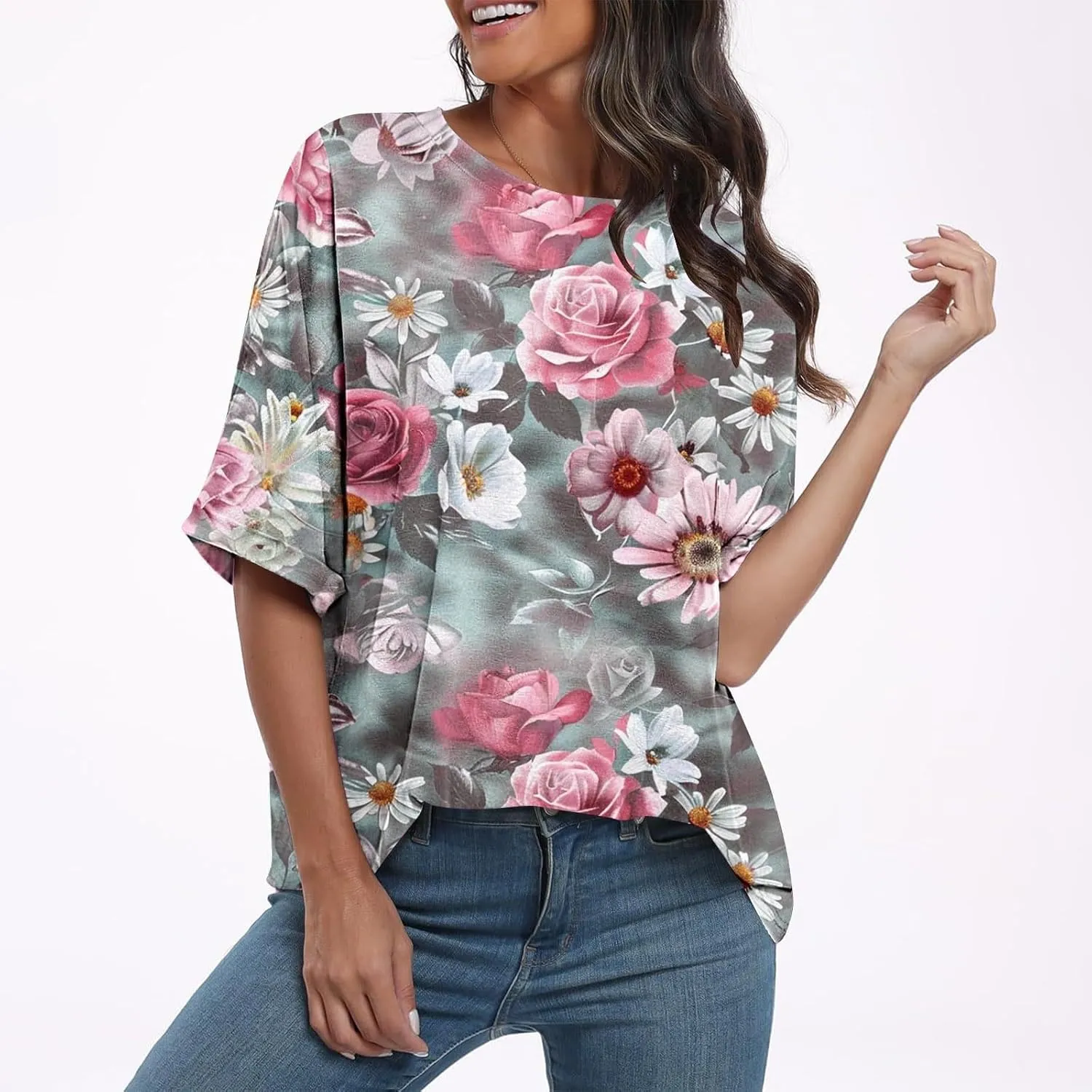 Womens Summer Tops Striped Floral Boho Crewneck Short Sleeve Blouses Trendy Loose Casual Oversized Tshirts for Women