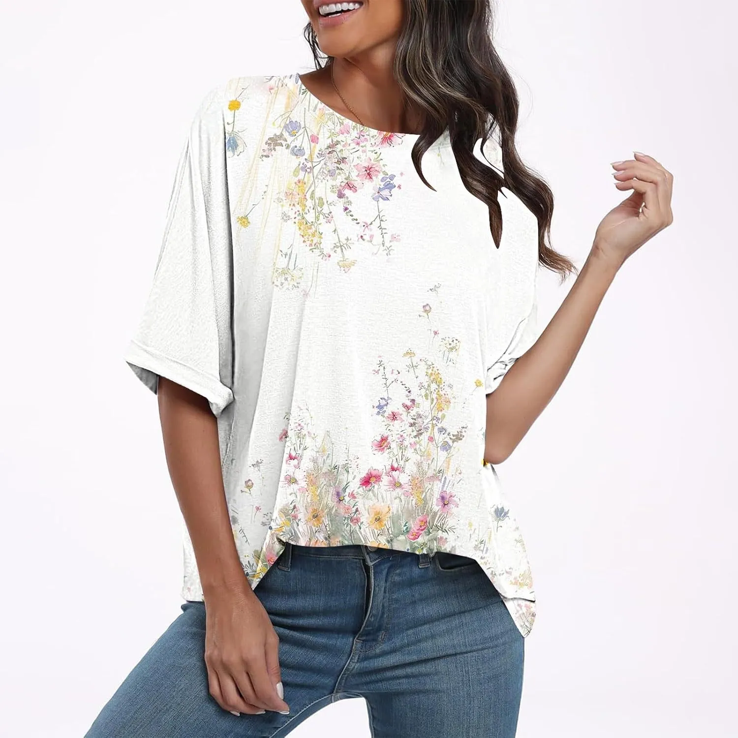 Womens Summer Tops Striped Floral Boho Crewneck Short Sleeve Blouses Trendy Loose Casual Oversized Tshirts for Women