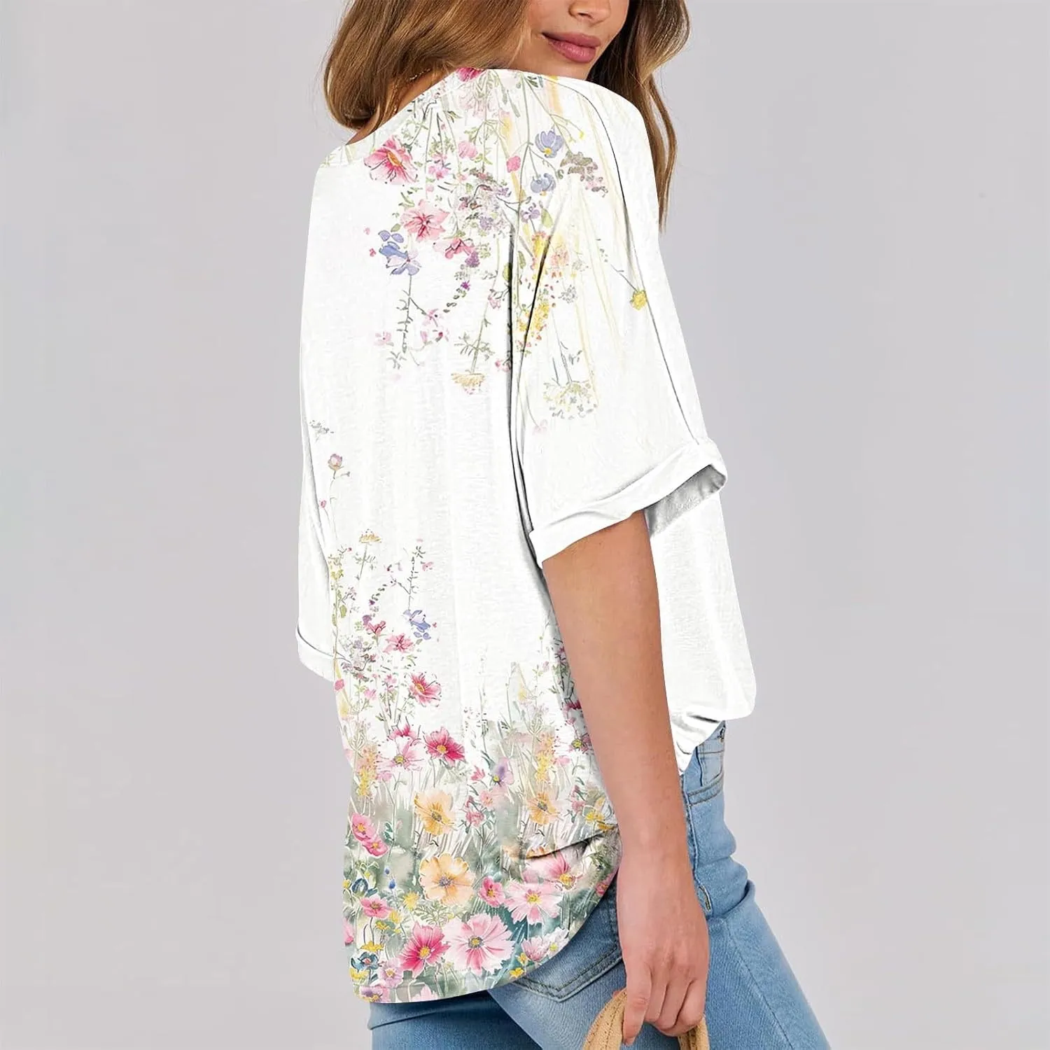 Womens Summer Tops Striped Floral Boho Crewneck Short Sleeve Blouses Trendy Loose Casual Oversized Tshirts for Women