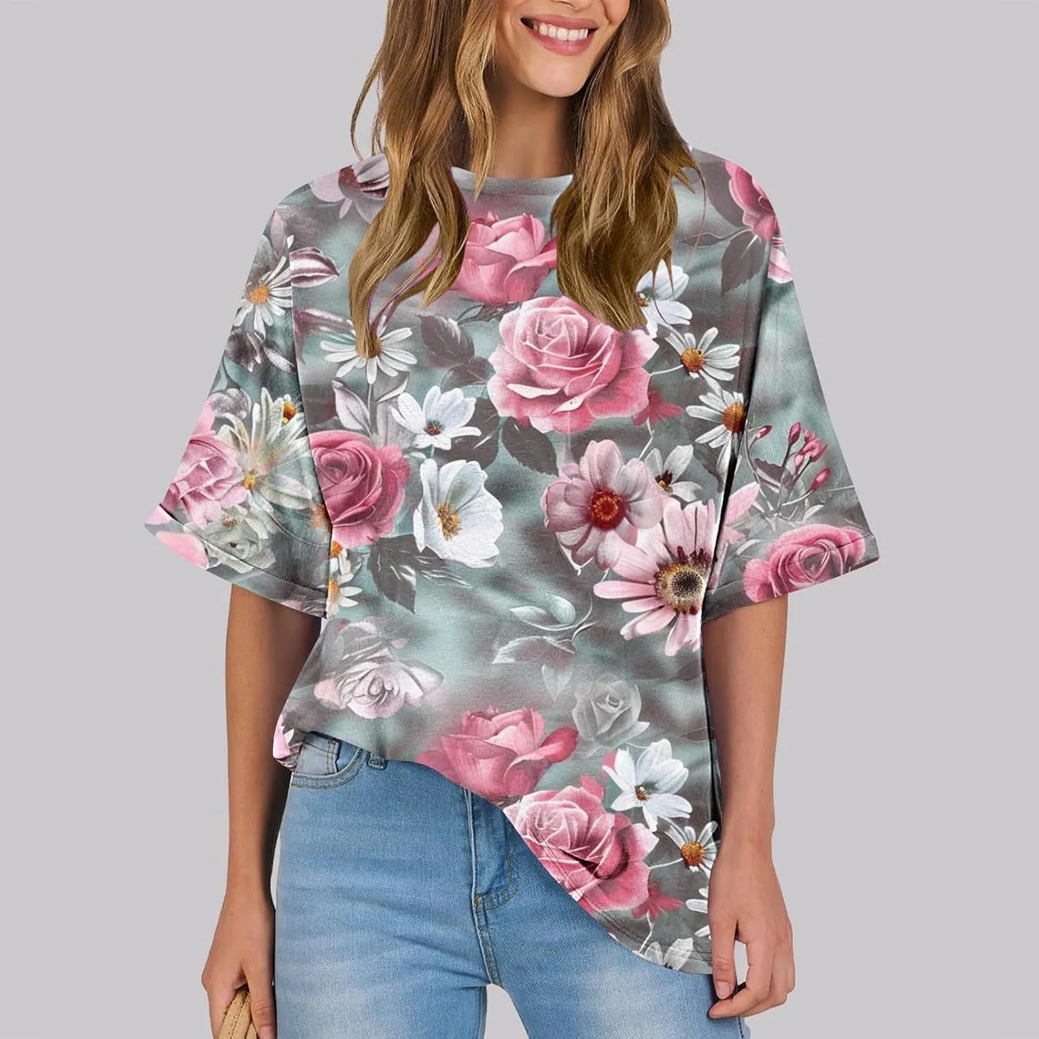 Womens Summer Tops Striped Floral Boho Crewneck Short Sleeve Blouses Trendy Loose Casual Oversized Tshirts for Women