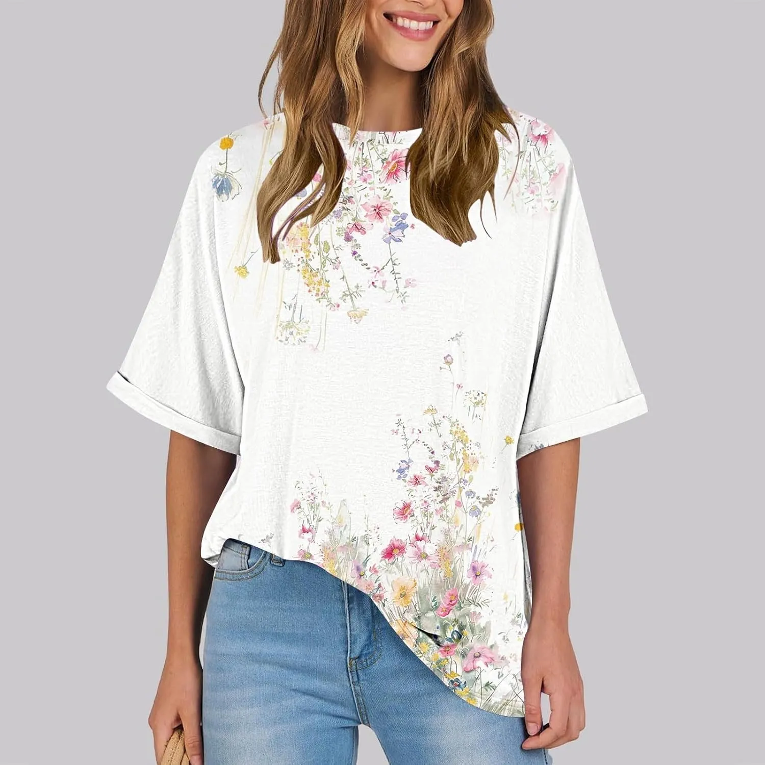 Womens Summer Tops Striped Floral Boho Crewneck Short Sleeve Blouses Trendy Loose Casual Oversized Tshirts for Women