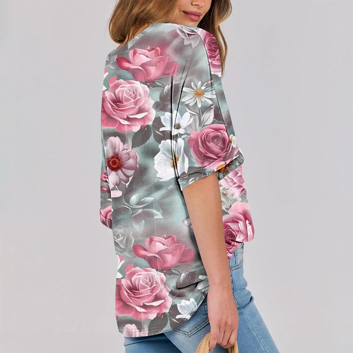 Womens Summer Tops Striped Floral Boho Crewneck Short Sleeve Blouses Trendy Loose Casual Oversized Tshirts for Women