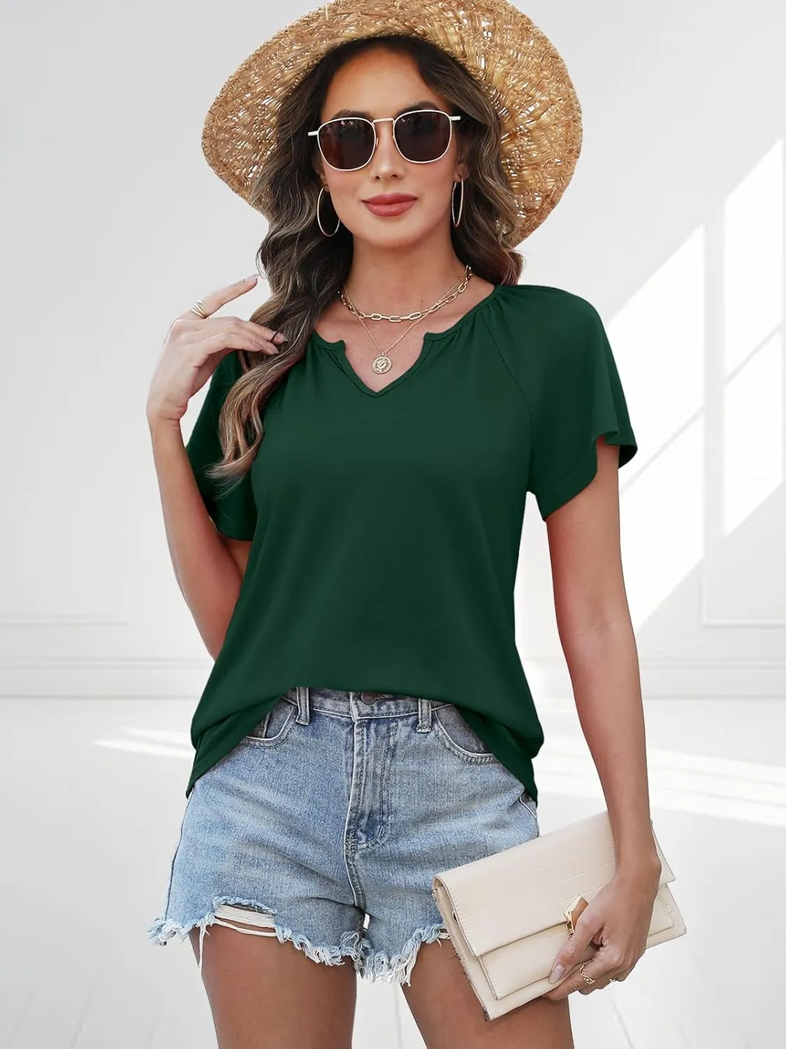 Womens Summer Tops Trendy Casual V Neck T Shirts Short Sleeve Boho Floral Blouses Loose Fit Flowy Tee