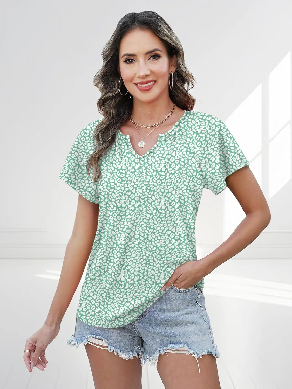 Womens Summer Tops Trendy Casual V Neck T Shirts Short Sleeve Boho Floral Blouses Loose Fit Flowy Tee