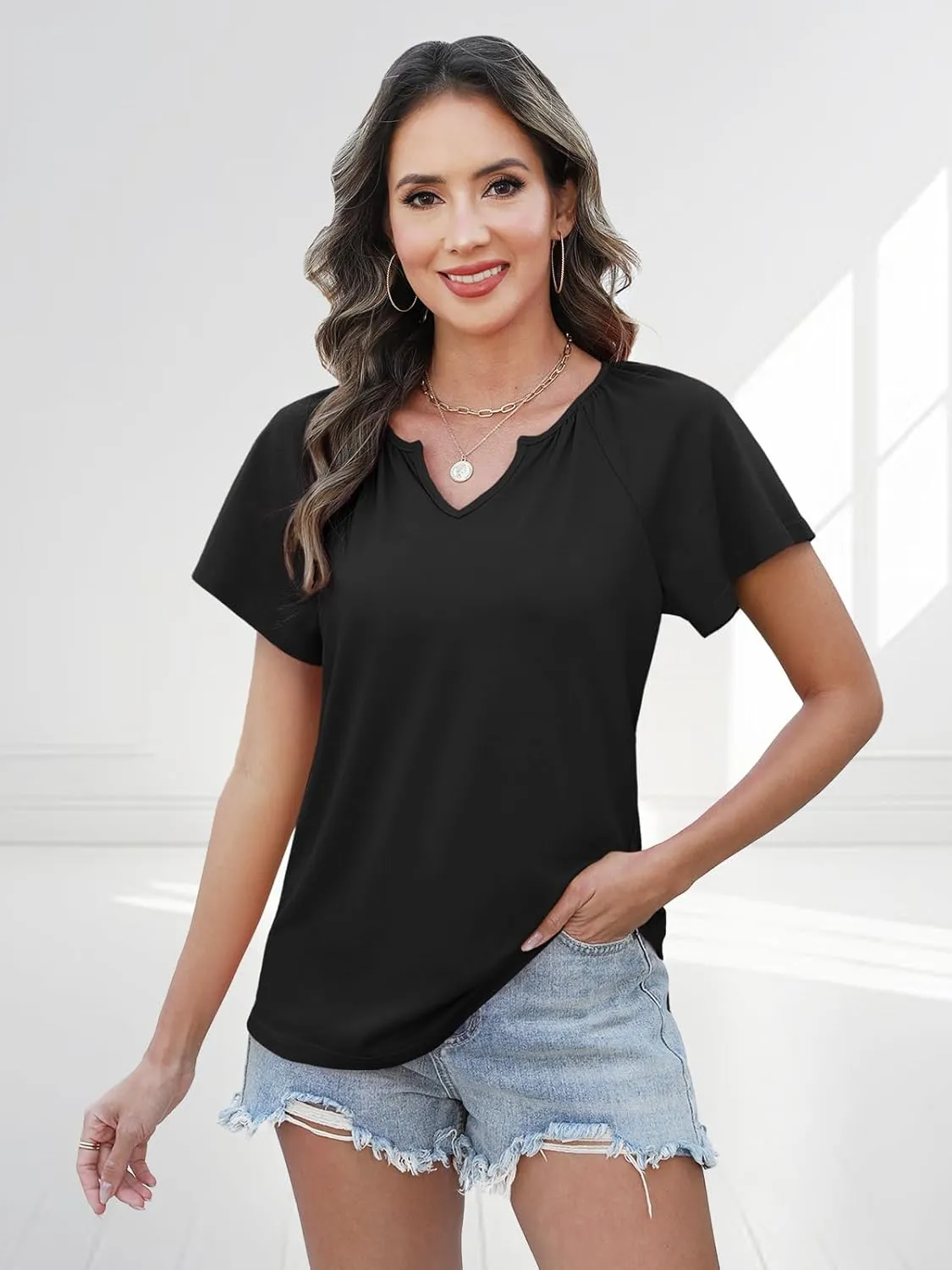 Womens Summer Tops Trendy Casual V Neck T Shirts Short Sleeve Boho Floral Blouses Loose Fit Flowy Tee