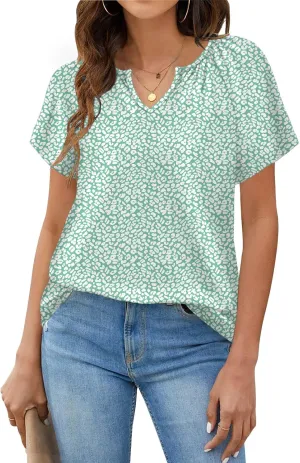Womens Summer Tops Trendy Casual V Neck T Shirts Short Sleeve Boho Floral Blouses Loose Fit Flowy Tee