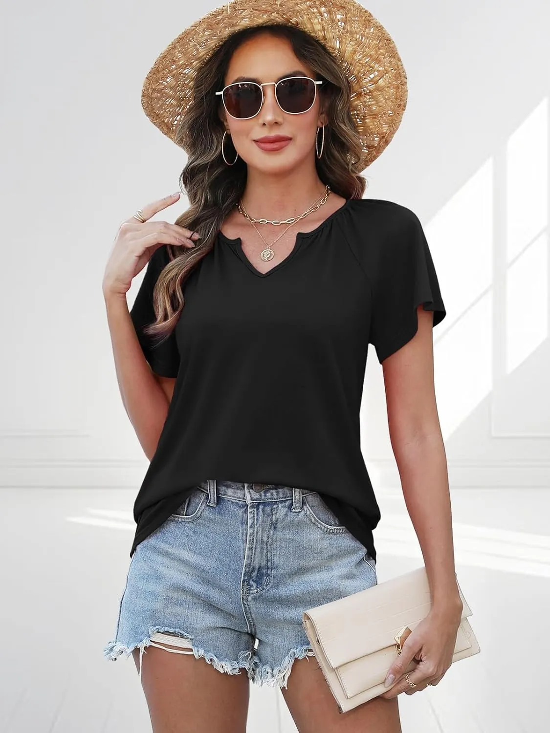 Womens Summer Tops Trendy Casual V Neck T Shirts Short Sleeve Boho Floral Blouses Loose Fit Flowy Tee