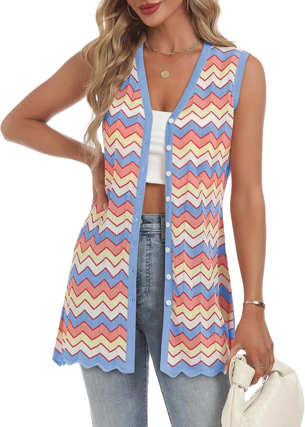 Women's Swimwear Cover Ups V Neck Button Down Sweater Vest Fashion 2025 Sleeveless Striped Cardigans