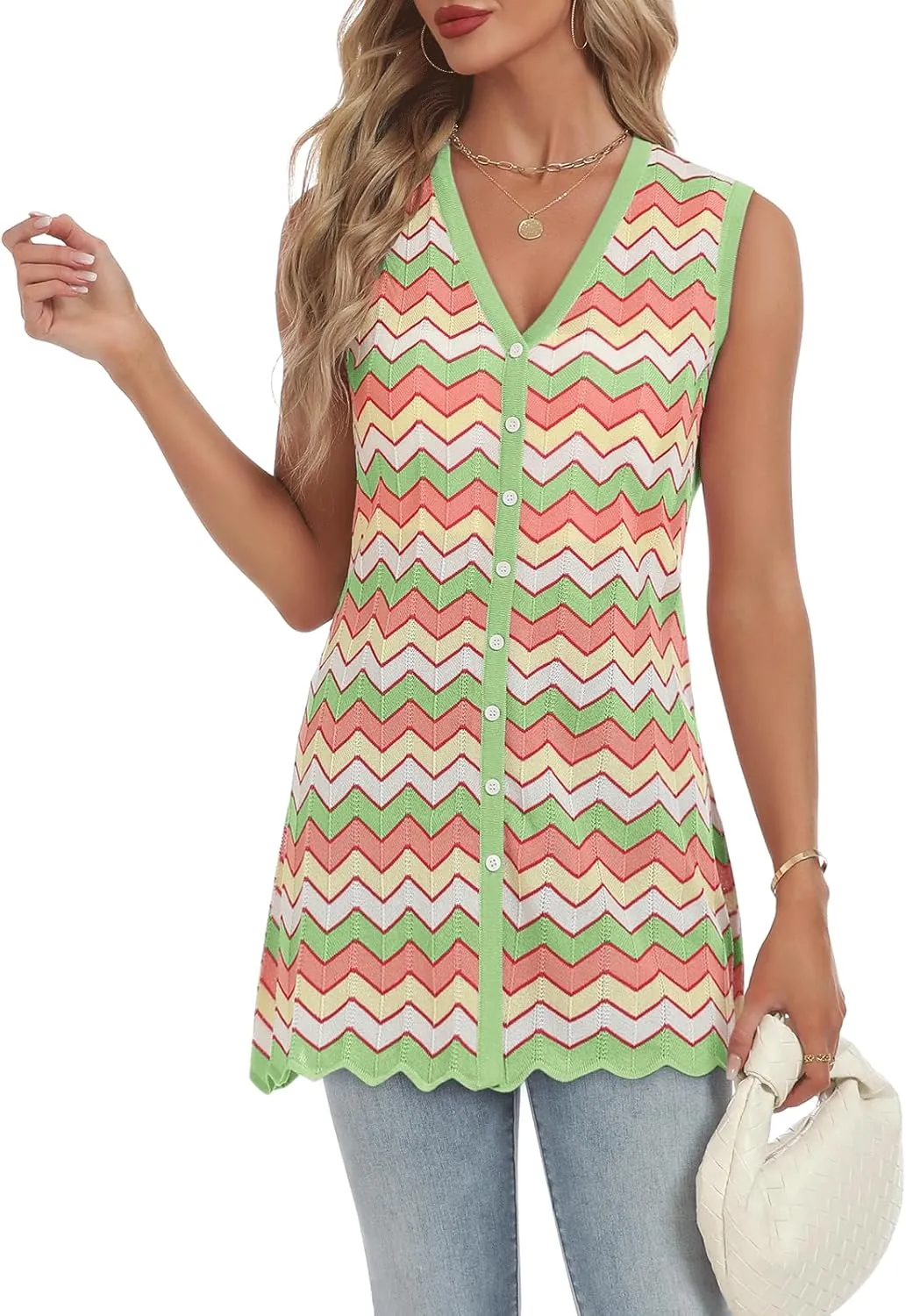 Women's Swimwear Cover Ups V Neck Button Down Sweater Vest Fashion 2025 Sleeveless Striped Cardigans