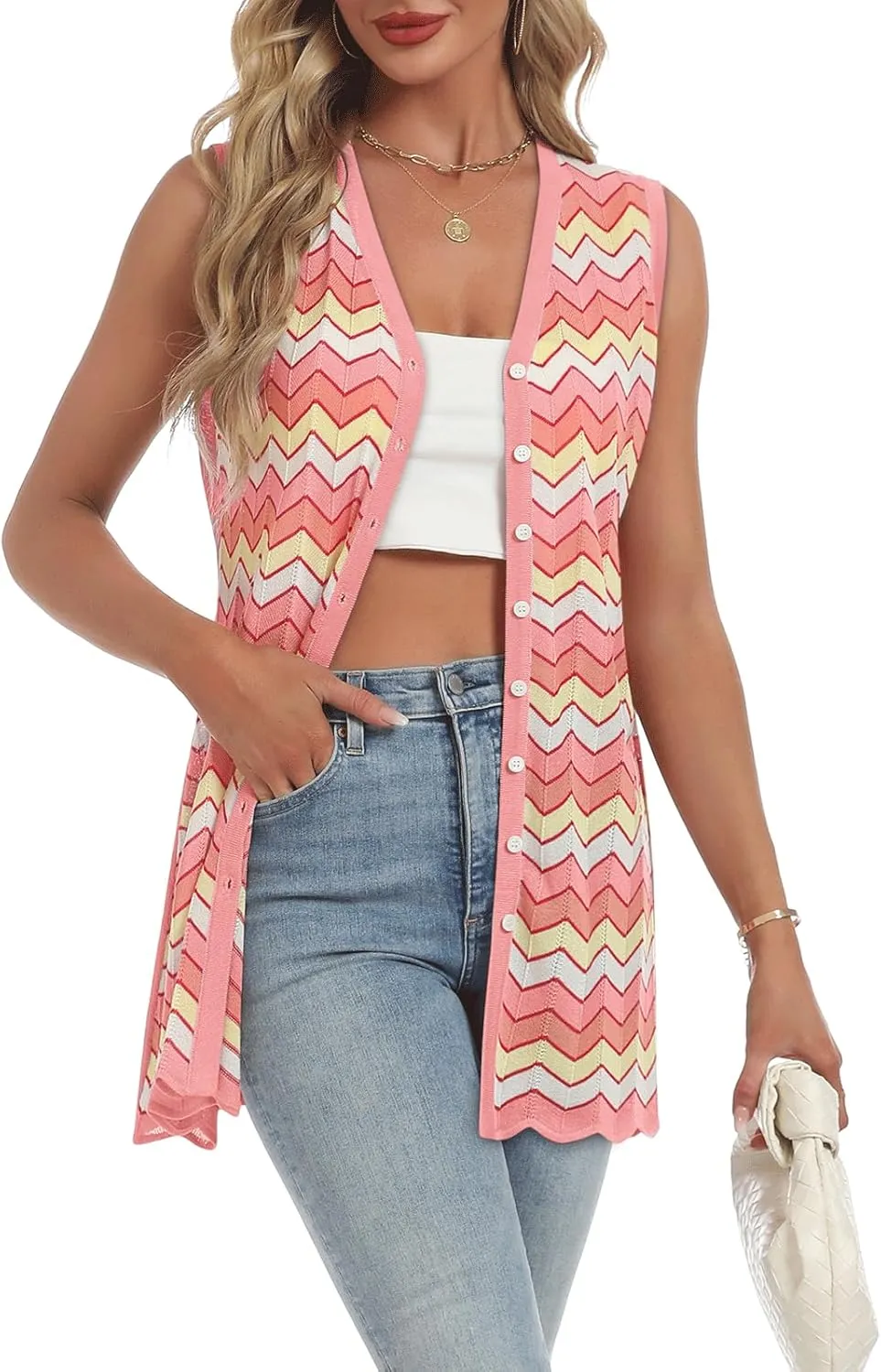Women's Swimwear Cover Ups V Neck Button Down Sweater Vest Fashion 2025 Sleeveless Striped Cardigans