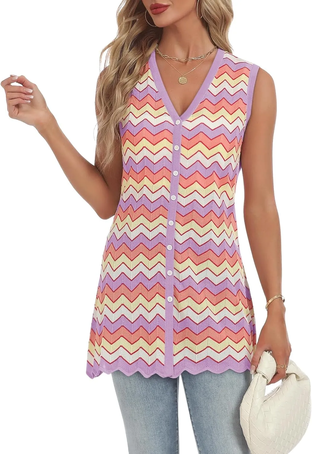 Women's Swimwear Cover Ups V Neck Button Down Sweater Vest Fashion 2025 Sleeveless Striped Cardigans