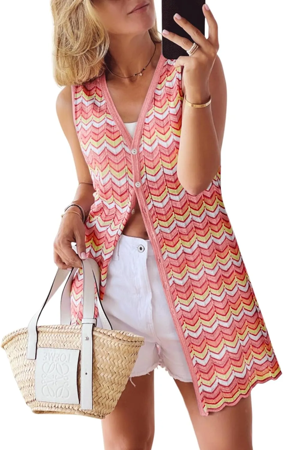 Women's Swimwear Cover Ups V Neck Button Down Sweater Vest Fashion 2025 Sleeveless Striped Cardigans