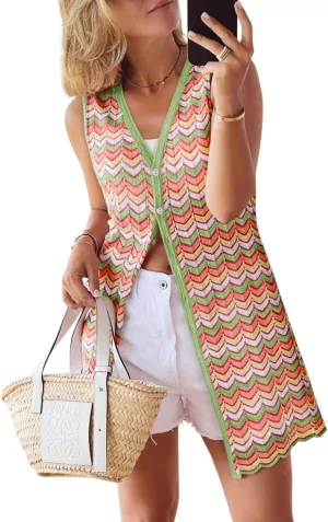 Women's Swimwear Cover Ups V Neck Button Down Sweater Vest Fashion 2025 Sleeveless Striped Cardigans
