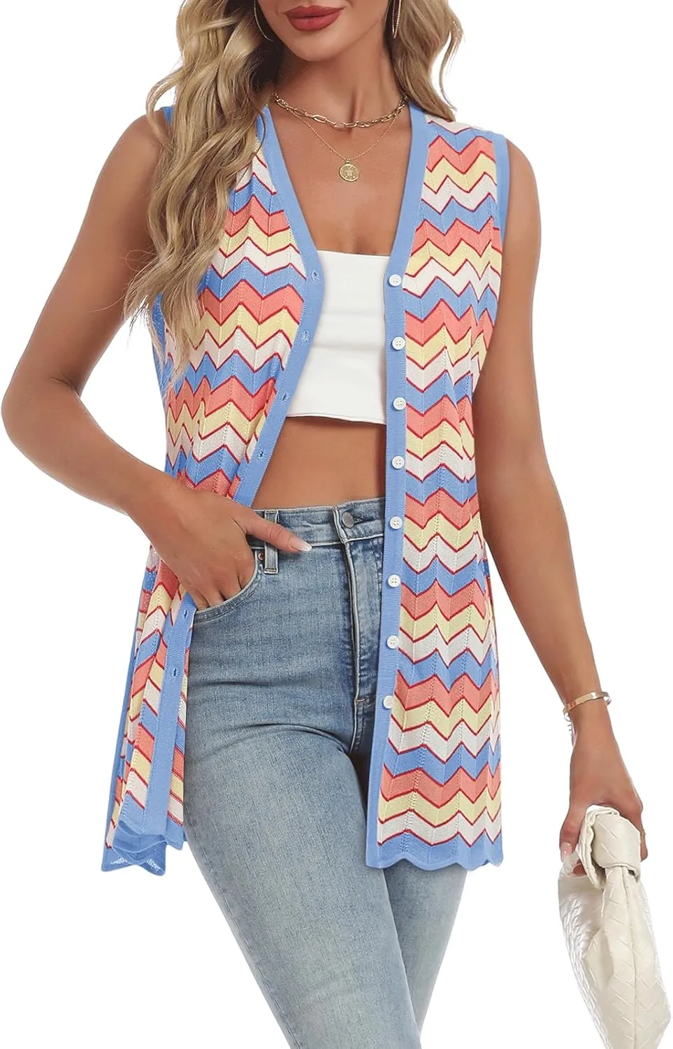 Women's Swimwear Cover Ups V Neck Button Down Sweater Vest Fashion 2025 Sleeveless Striped Cardigans