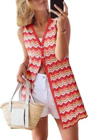 Women's Swimwear Cover Ups V Neck Button Down Sweater Vest Fashion 2025 Sleeveless Striped Cardigans
