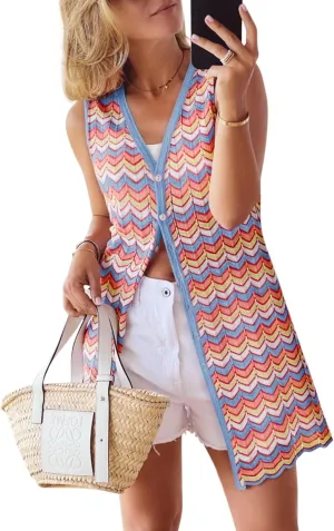 Women's Swimwear Cover Ups V Neck Button Down Sweater Vest Fashion 2025 Sleeveless Striped Cardigans