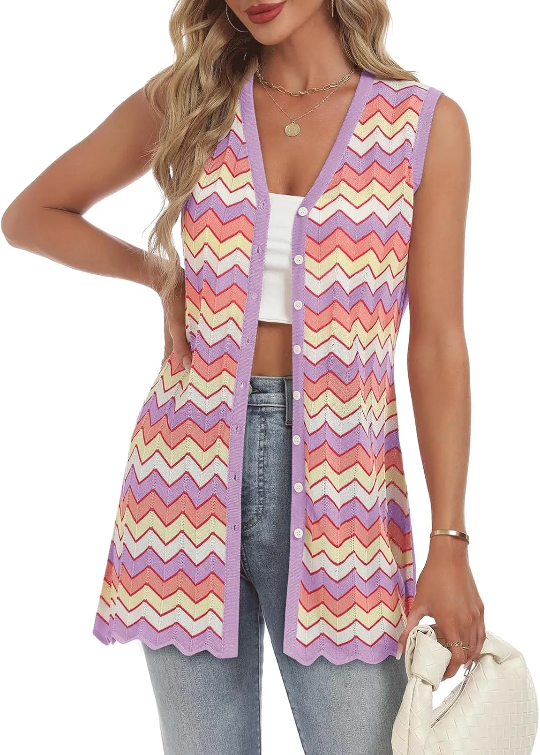 Women's Swimwear Cover Ups V Neck Button Down Sweater Vest Fashion 2025 Sleeveless Striped Cardigans