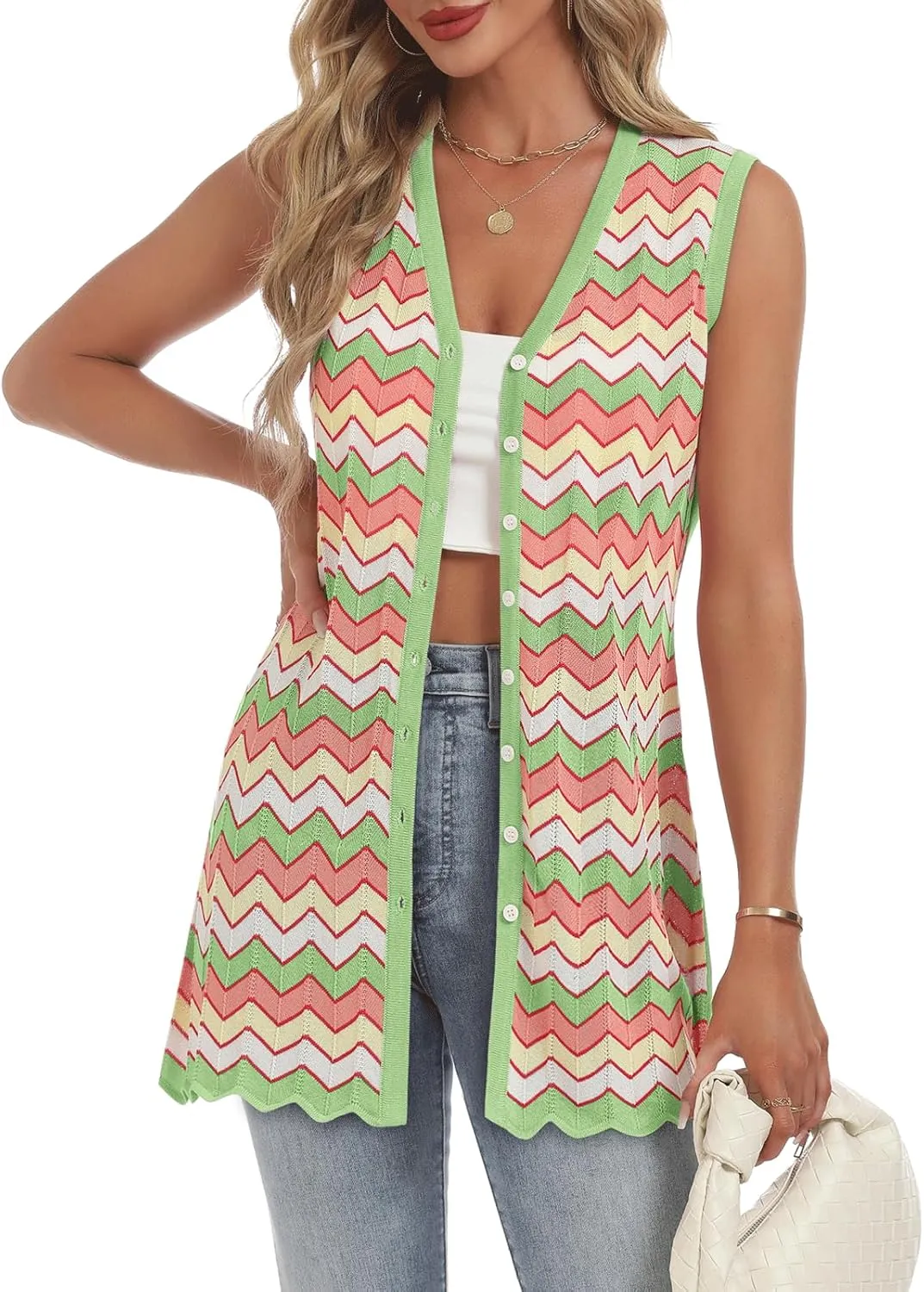 Women's Swimwear Cover Ups V Neck Button Down Sweater Vest Fashion 2025 Sleeveless Striped Cardigans