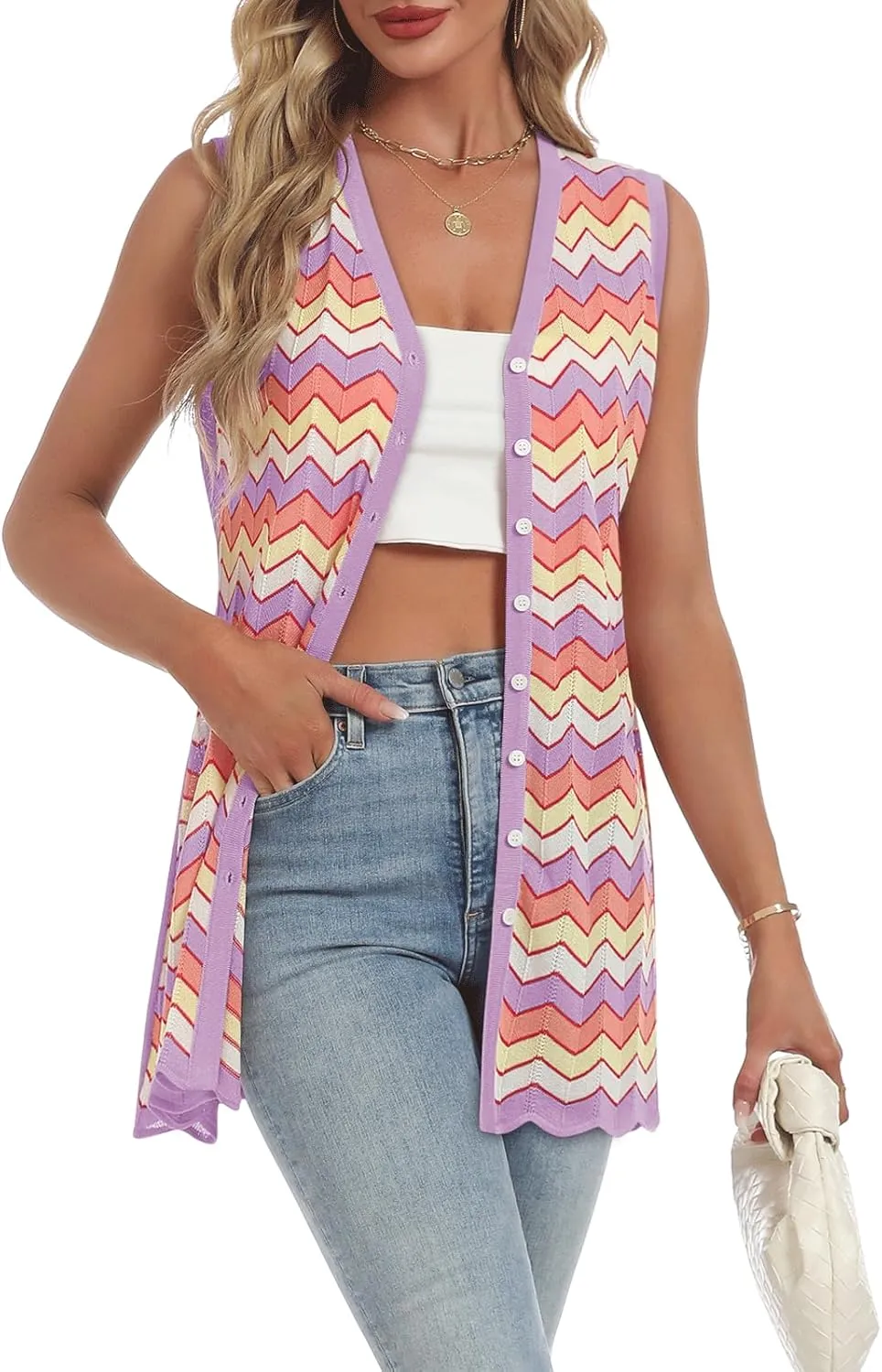 Women's Swimwear Cover Ups V Neck Button Down Sweater Vest Fashion 2025 Sleeveless Striped Cardigans