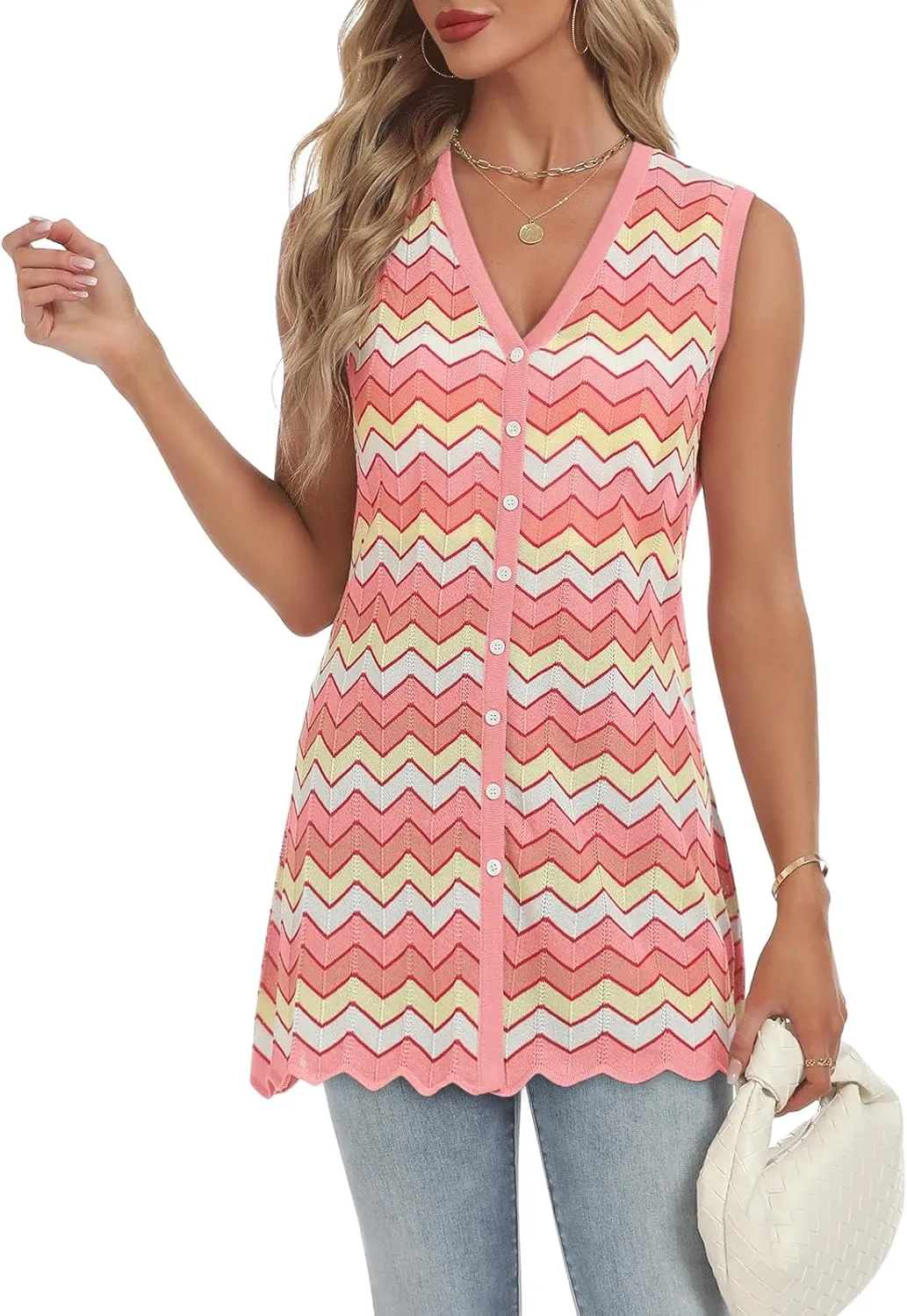 Women's Swimwear Cover Ups V Neck Button Down Sweater Vest Fashion 2025 Sleeveless Striped Cardigans