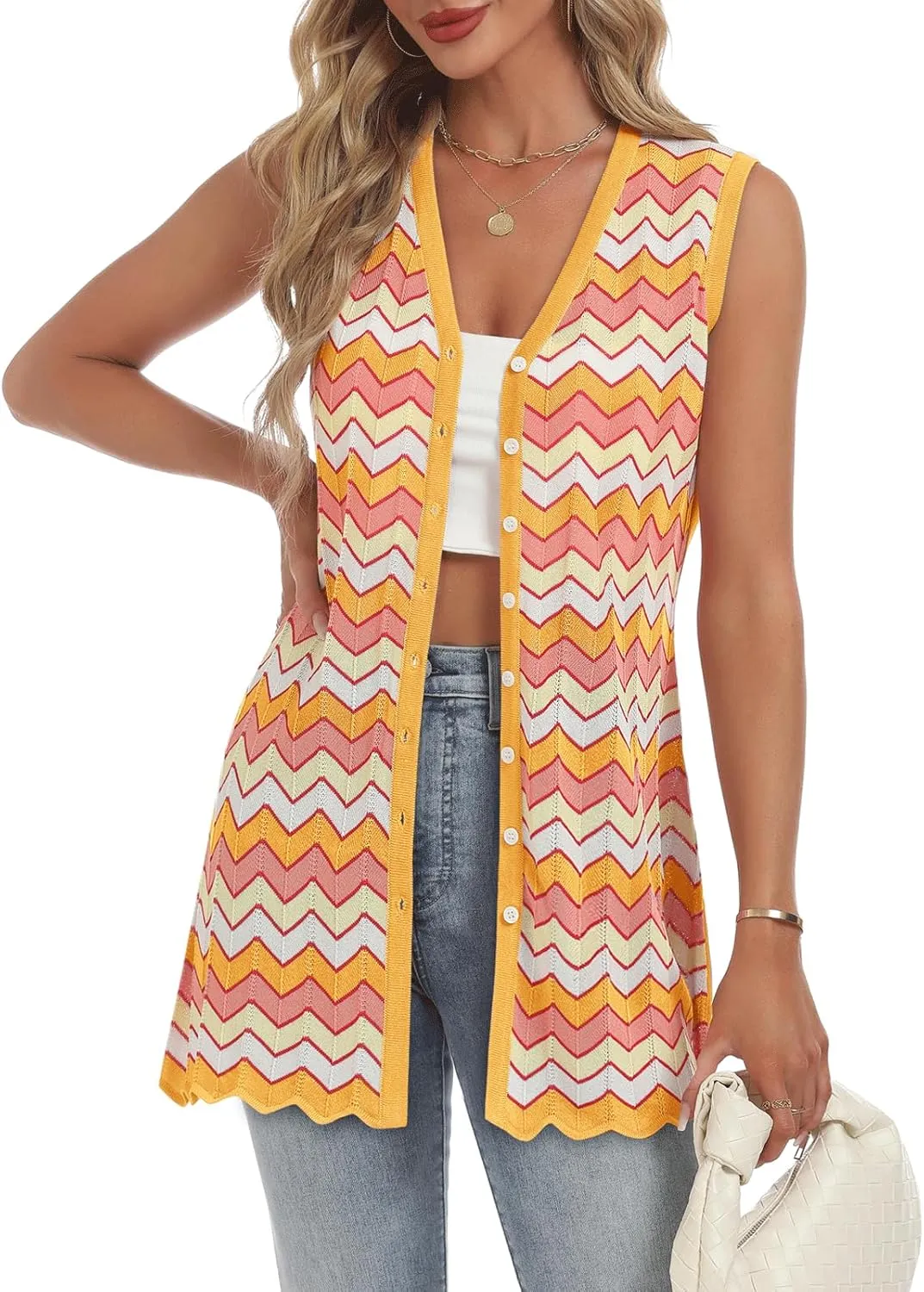 Women's Swimwear Cover Ups V Neck Button Down Sweater Vest Fashion 2025 Sleeveless Striped Cardigans