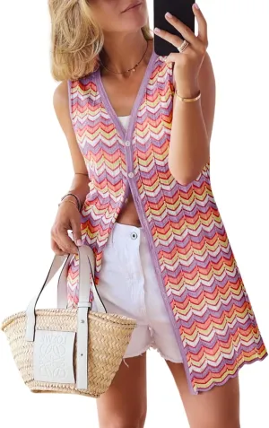 Women's Swimwear Cover Ups V Neck Button Down Sweater Vest Fashion 2025 Sleeveless Striped Cardigans