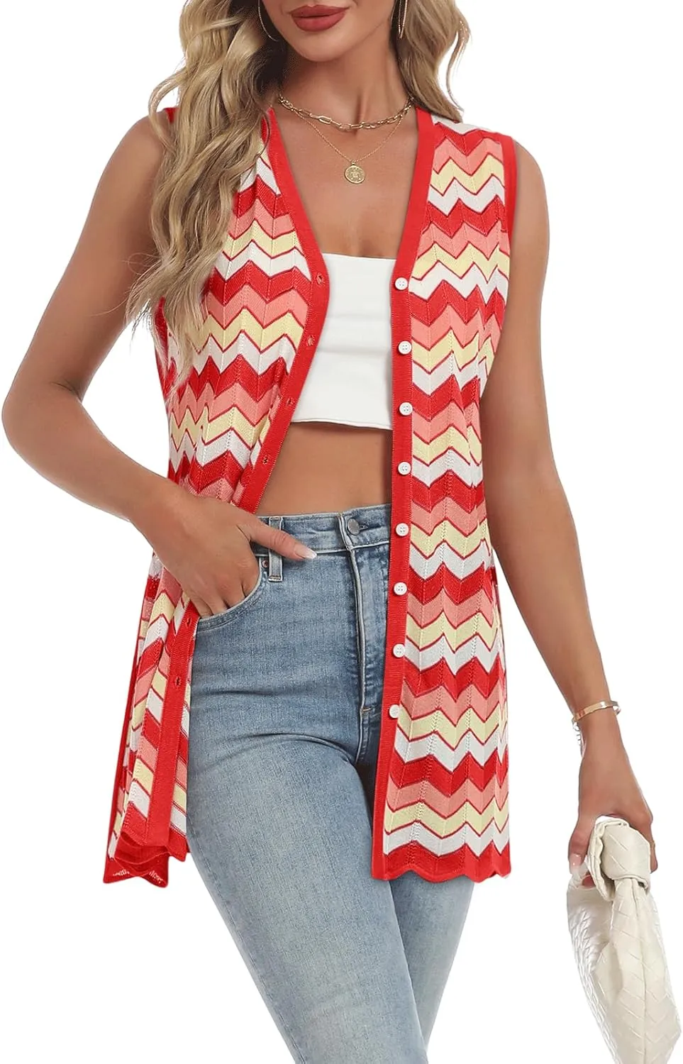 Women's Swimwear Cover Ups V Neck Button Down Sweater Vest Fashion 2025 Sleeveless Striped Cardigans