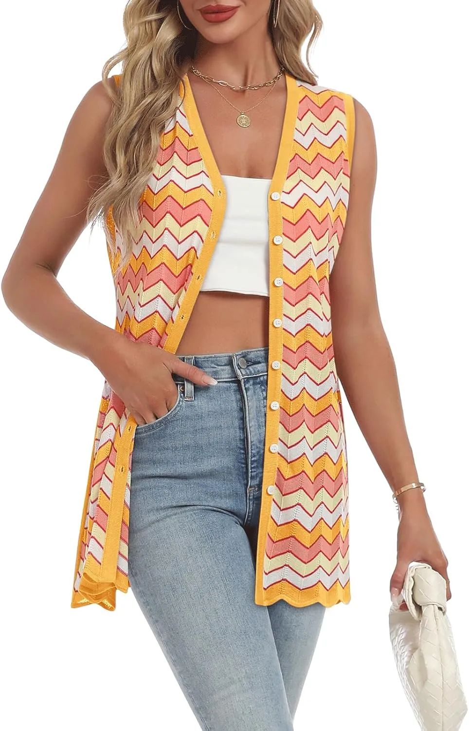 Women's Swimwear Cover Ups V Neck Button Down Sweater Vest Fashion 2025 Sleeveless Striped Cardigans