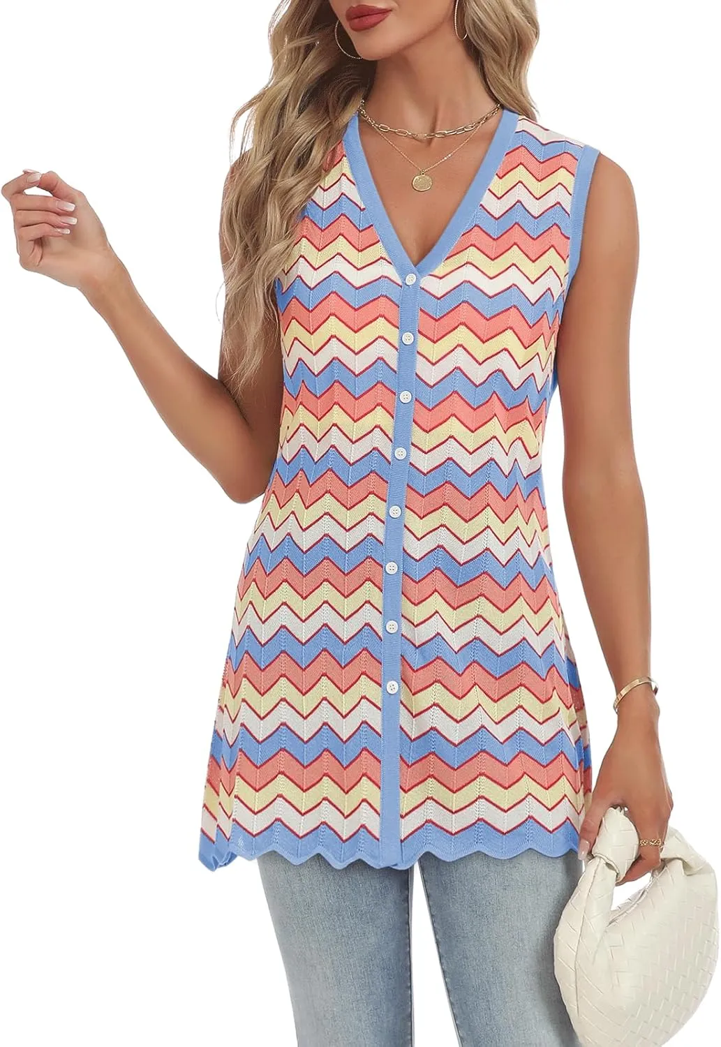 Women's Swimwear Cover Ups V Neck Button Down Sweater Vest Fashion 2025 Sleeveless Striped Cardigans