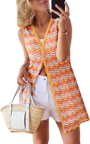 Women's Swimwear Cover Ups V Neck Button Down Sweater Vest Fashion 2025 Sleeveless Striped Cardigans