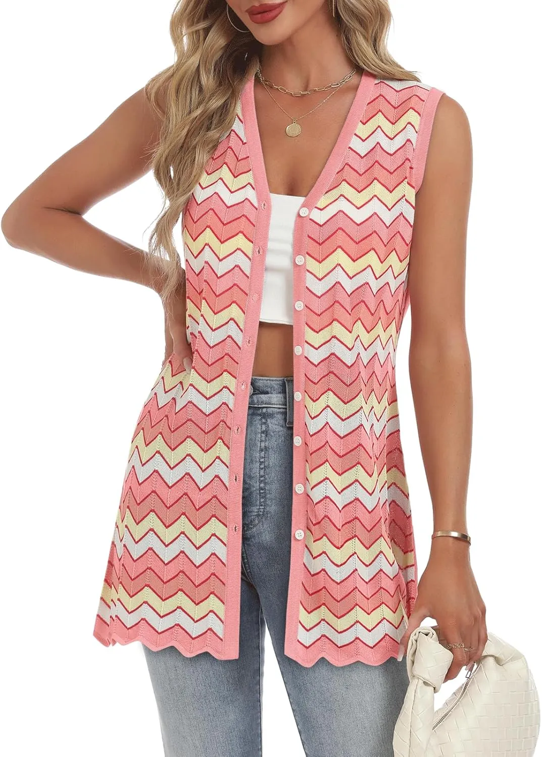 Women's Swimwear Cover Ups V Neck Button Down Sweater Vest Fashion 2025 Sleeveless Striped Cardigans
