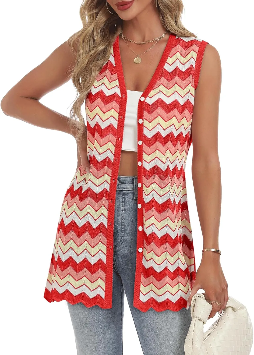 Women's Swimwear Cover Ups V Neck Button Down Sweater Vest Fashion 2025 Sleeveless Striped Cardigans