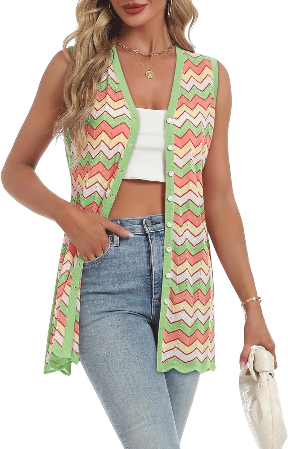 Women's Swimwear Cover Ups V Neck Button Down Sweater Vest Fashion 2025 Sleeveless Striped Cardigans