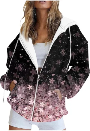 Women's Trendy Floral Printing Jacket Zip Up Long Sleeve Hoodies Streetwear Fashion Coat With Pockets